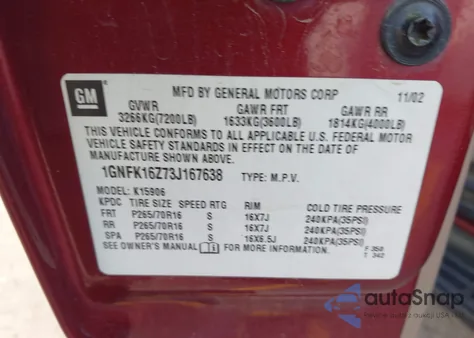 2003 Chevrolet Suburban 1500 Ls z USA, uszkodzony, nr VIN 1GNFK16Z73J167638